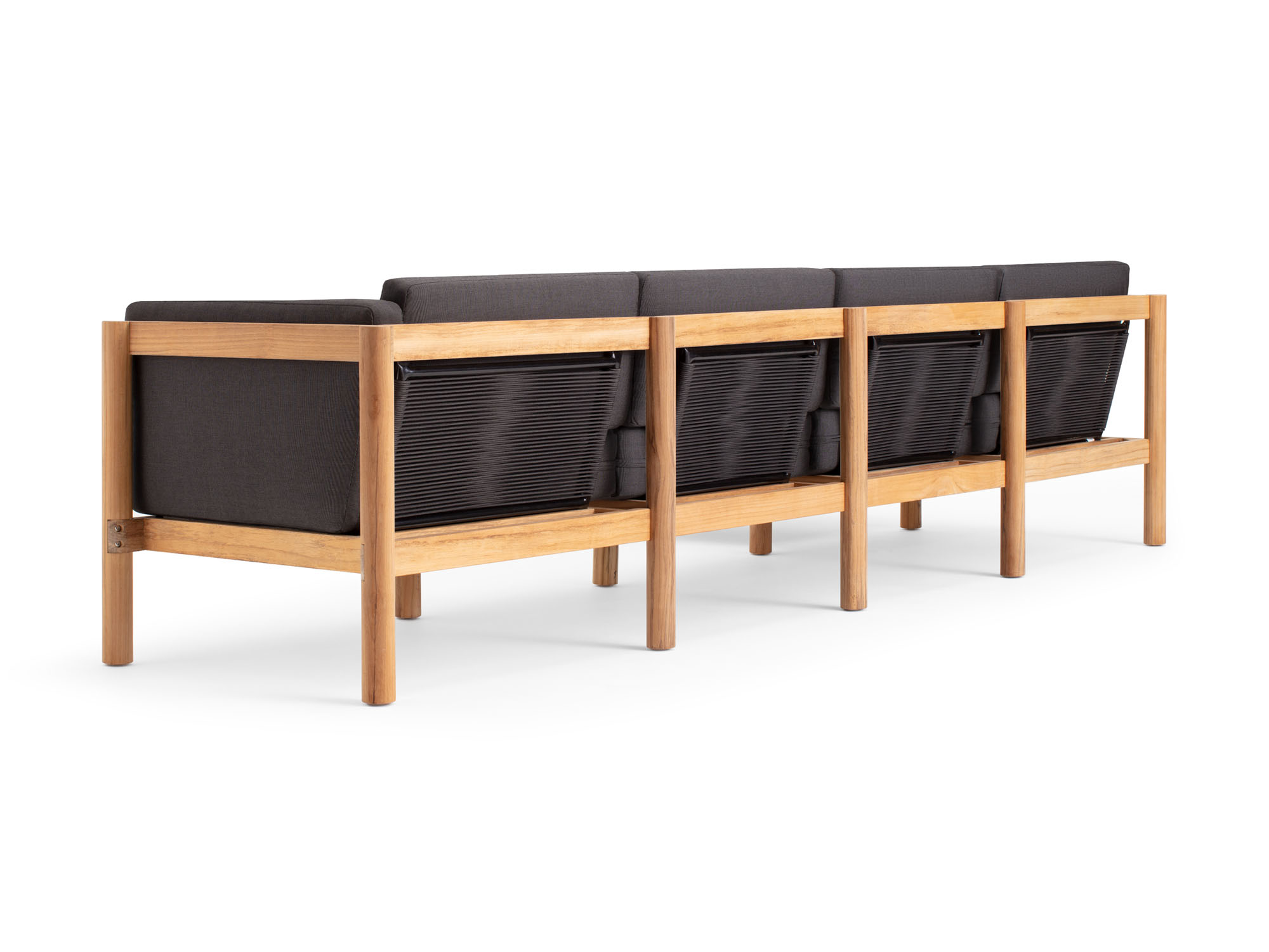 Back view of 6-piece outdoor sectional with black arm cushions